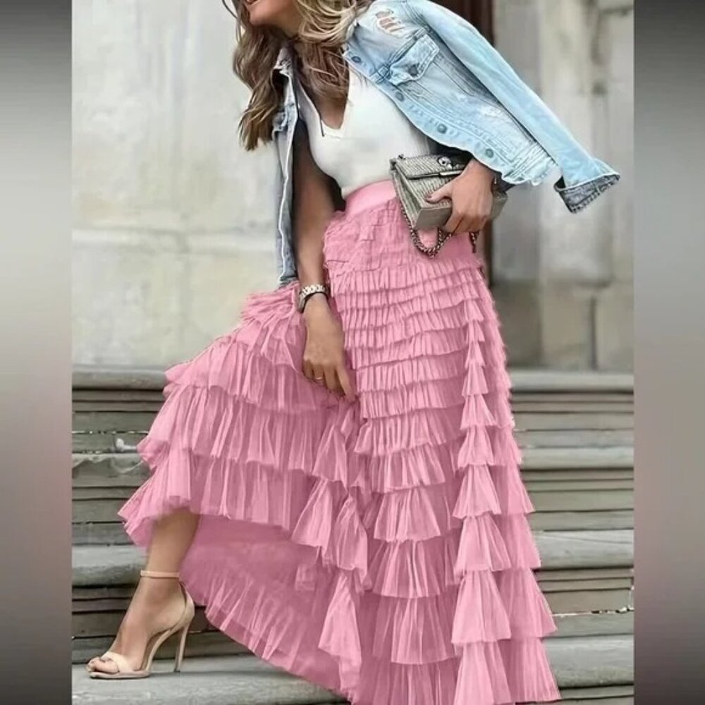 Luxe boho layered mesh maxi skirt